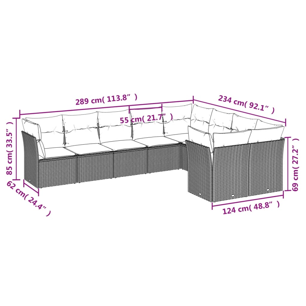 Set Divani da Giardino 9 pz con Cuscini Nero in Polyrattan | homemem39