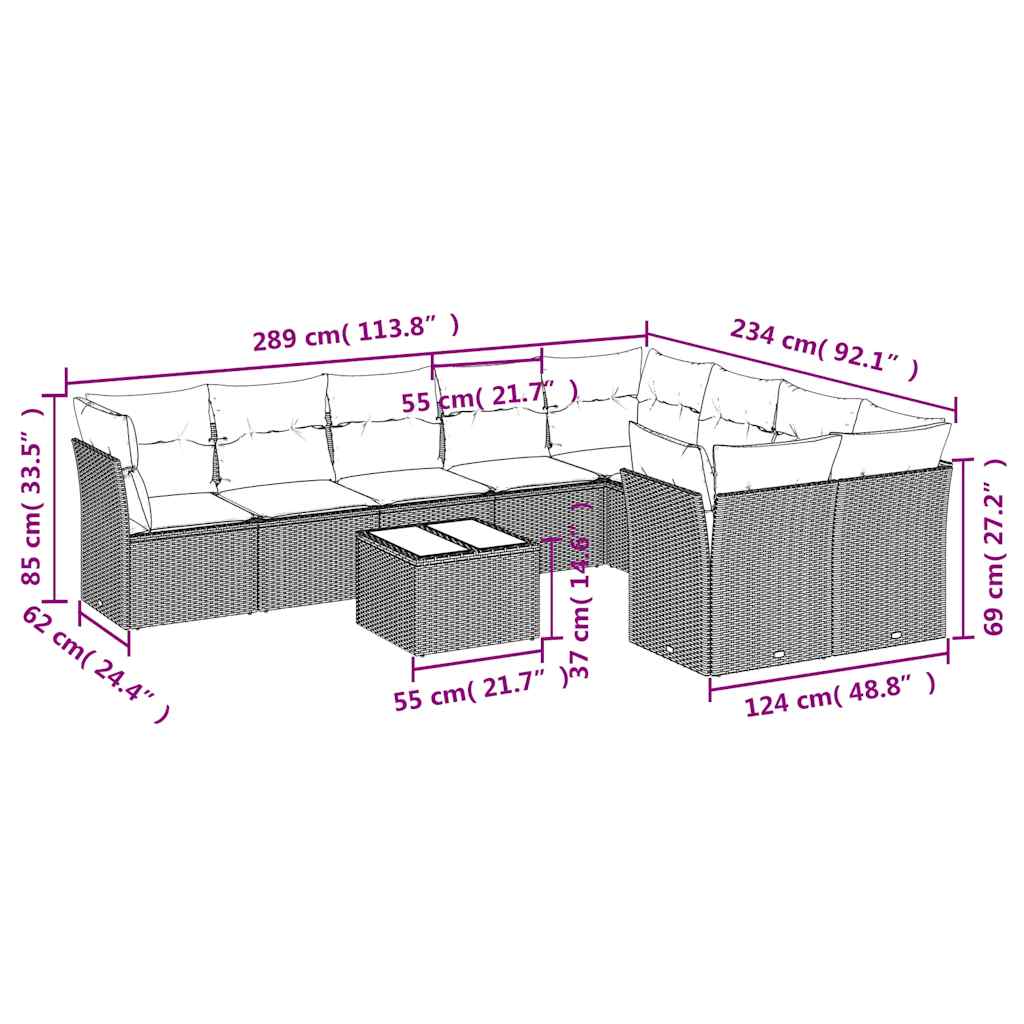 Set Divani da Giardino 10pz con Cuscini in Polyrattan Nero | homemem39