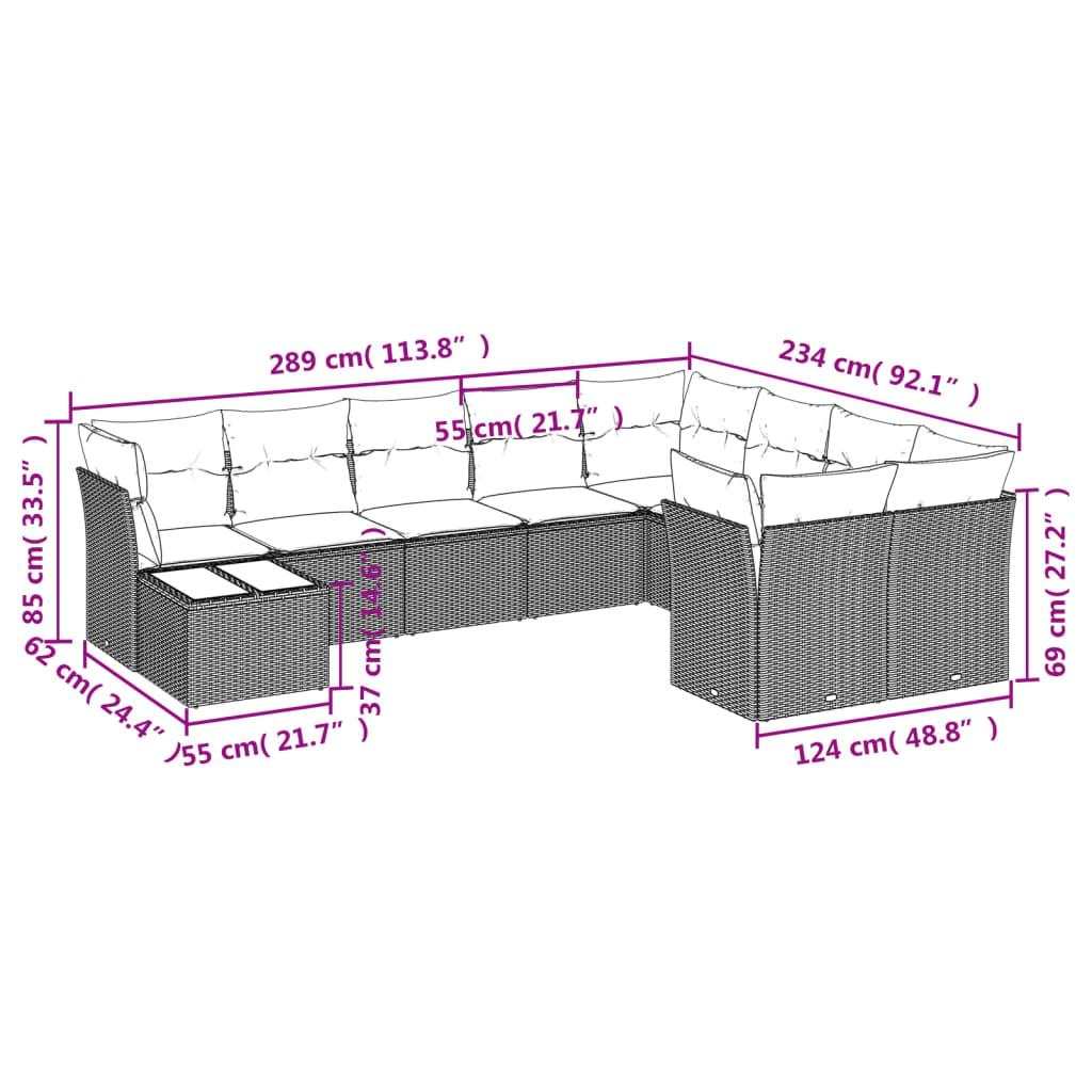 Set Divano da Giardino 10 pz con Cuscini Grigio in Polyrattan | homemem39