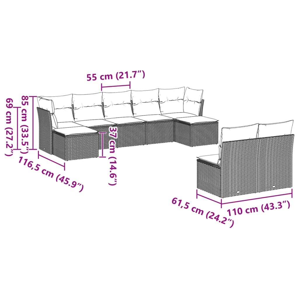 Set Divano da Giardino 9pz con Cuscini Grigio Chiaro Polyrattan - homemem39