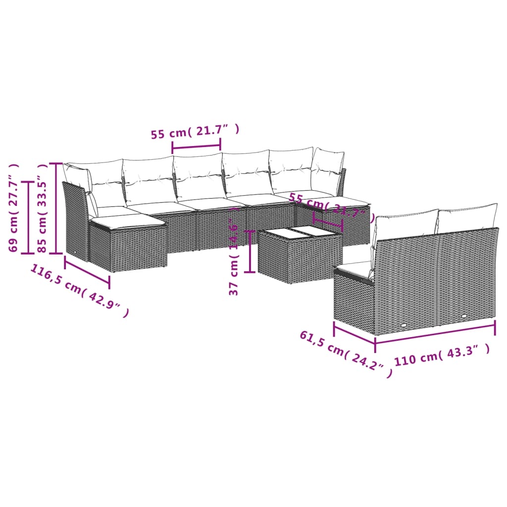 Set Divani da Giardino 10pz con Cuscini in Polyrattan Nero | homemem39
