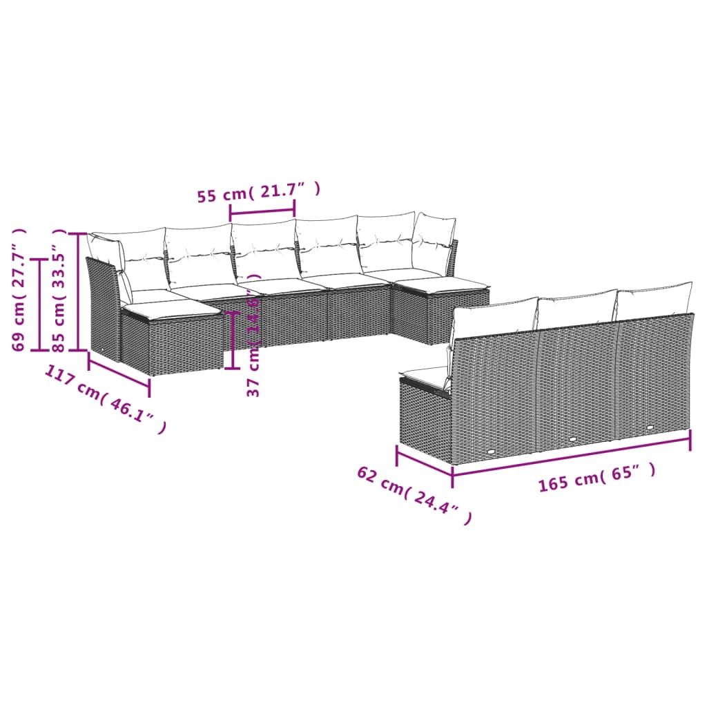 Set Divani da Giardino 10pz con Cuscini in Polyrattan Nero | homemem39