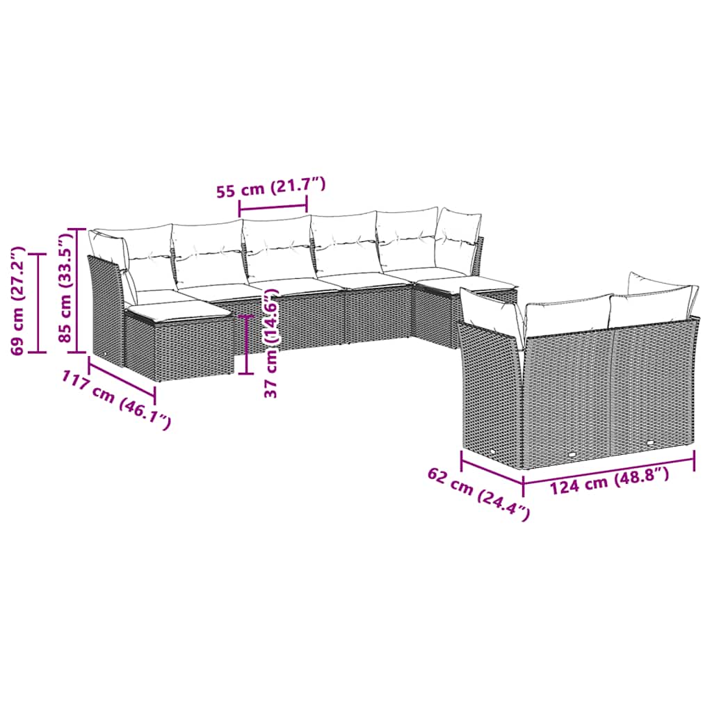 Set Divano da Giardino 9pz con Cuscini Grigio Chiaro Polyrattan | homemem39