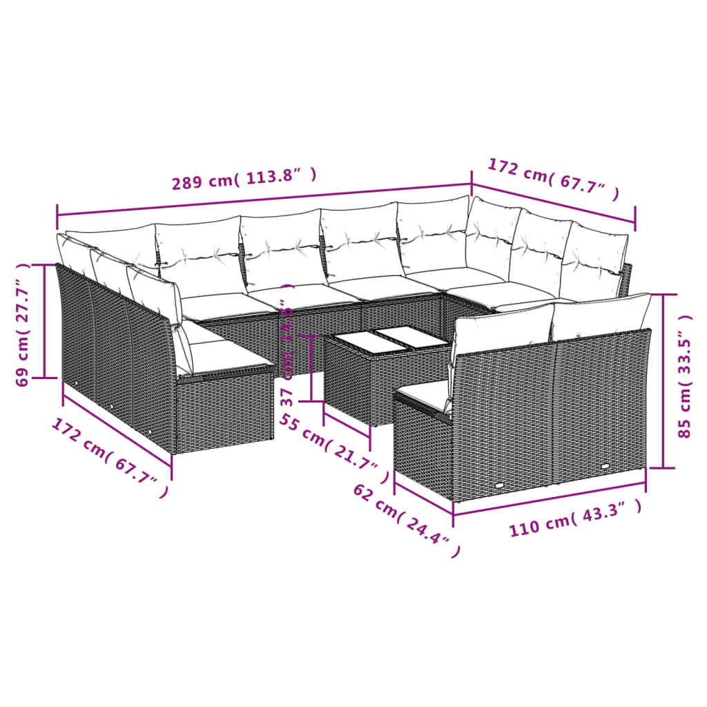 Set Divani da Giardino 12 pz con Cuscini Nero in Polyrattan | homemem39