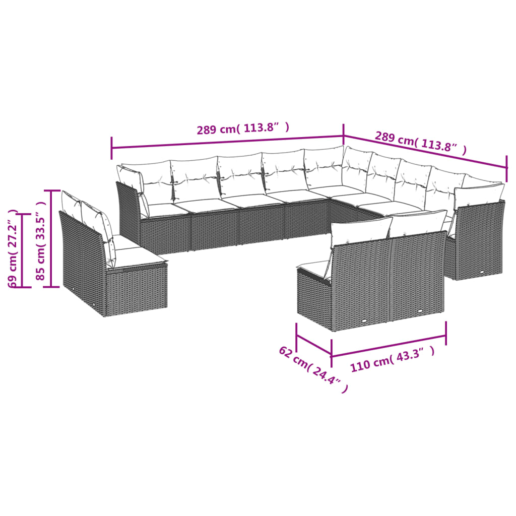 Set Divani da Giardino 12 pz con Cuscini Beige in Polyrattan | homemem39