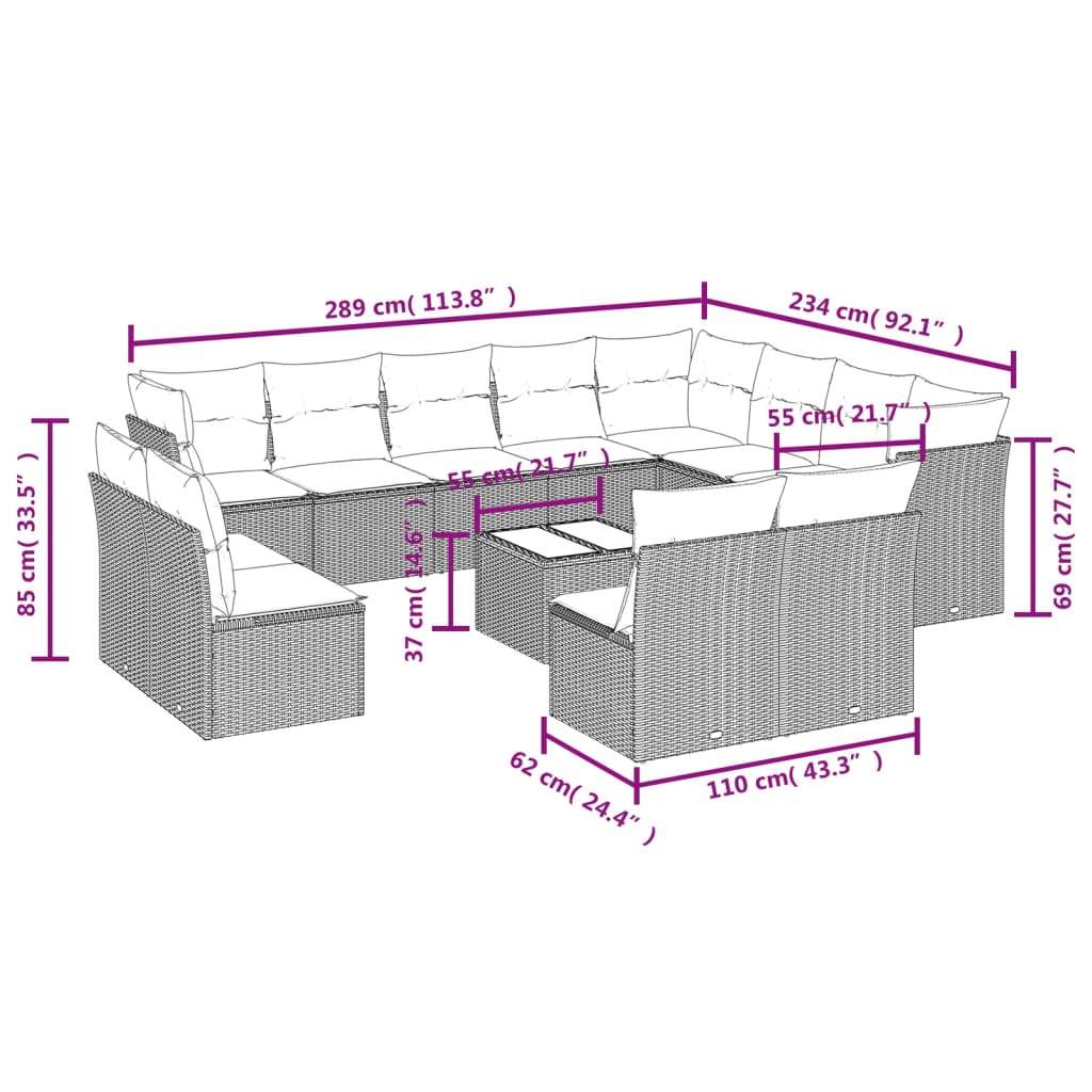 Set Divani da Giardino 13 pz con Cuscini Grigio in Polyrattan | homemem39
