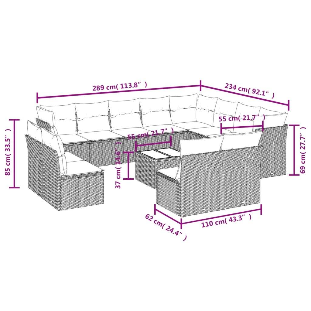Set Divani da Giardino 13 pz con Cuscini Marrone in Polyrattan | homemem39