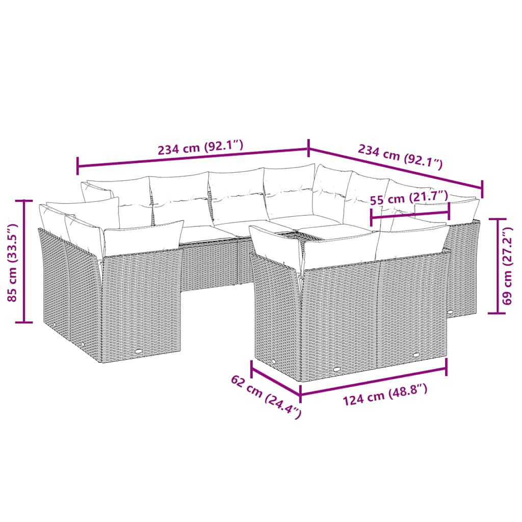 Set Divani da Giardino 11 pz con Cuscini Polyrattan Marrone