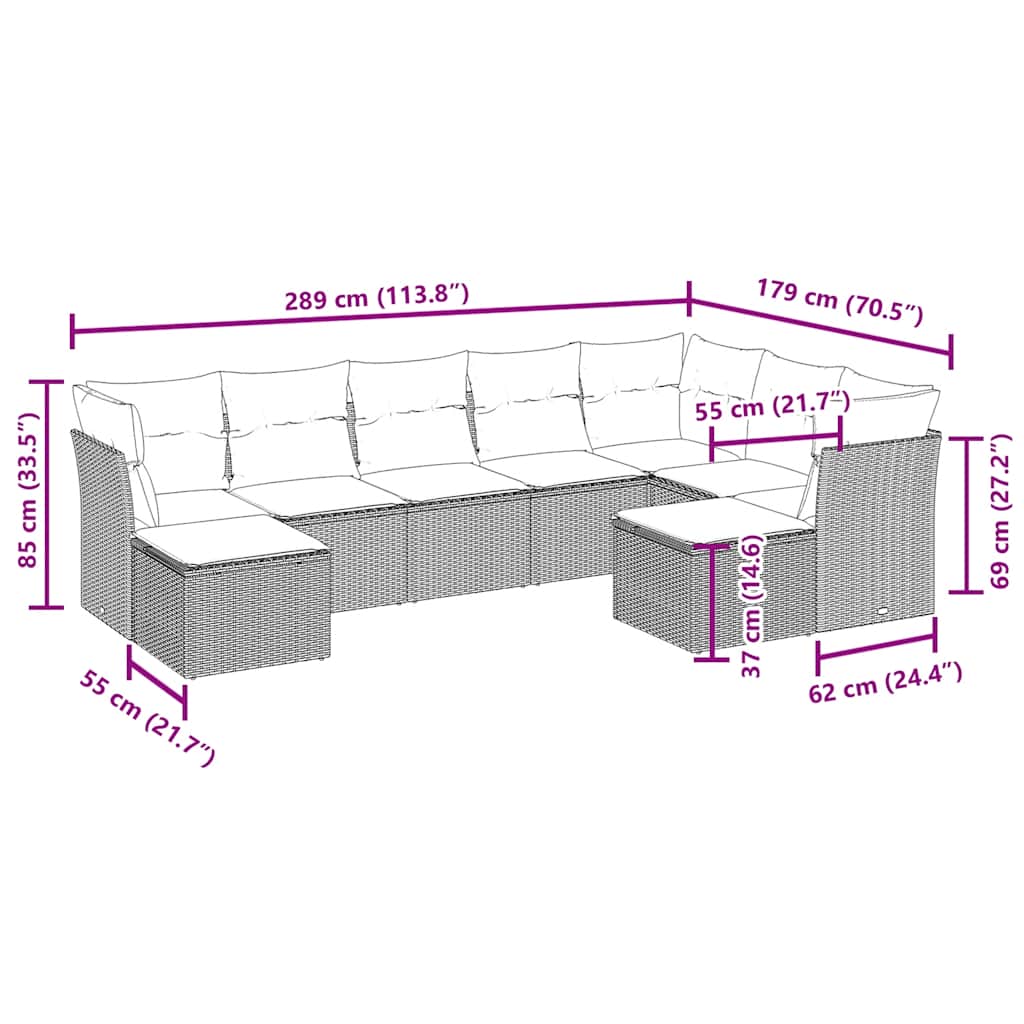 Set Divani da Giardino 9pz con Cuscini Marrone in Polyrattan