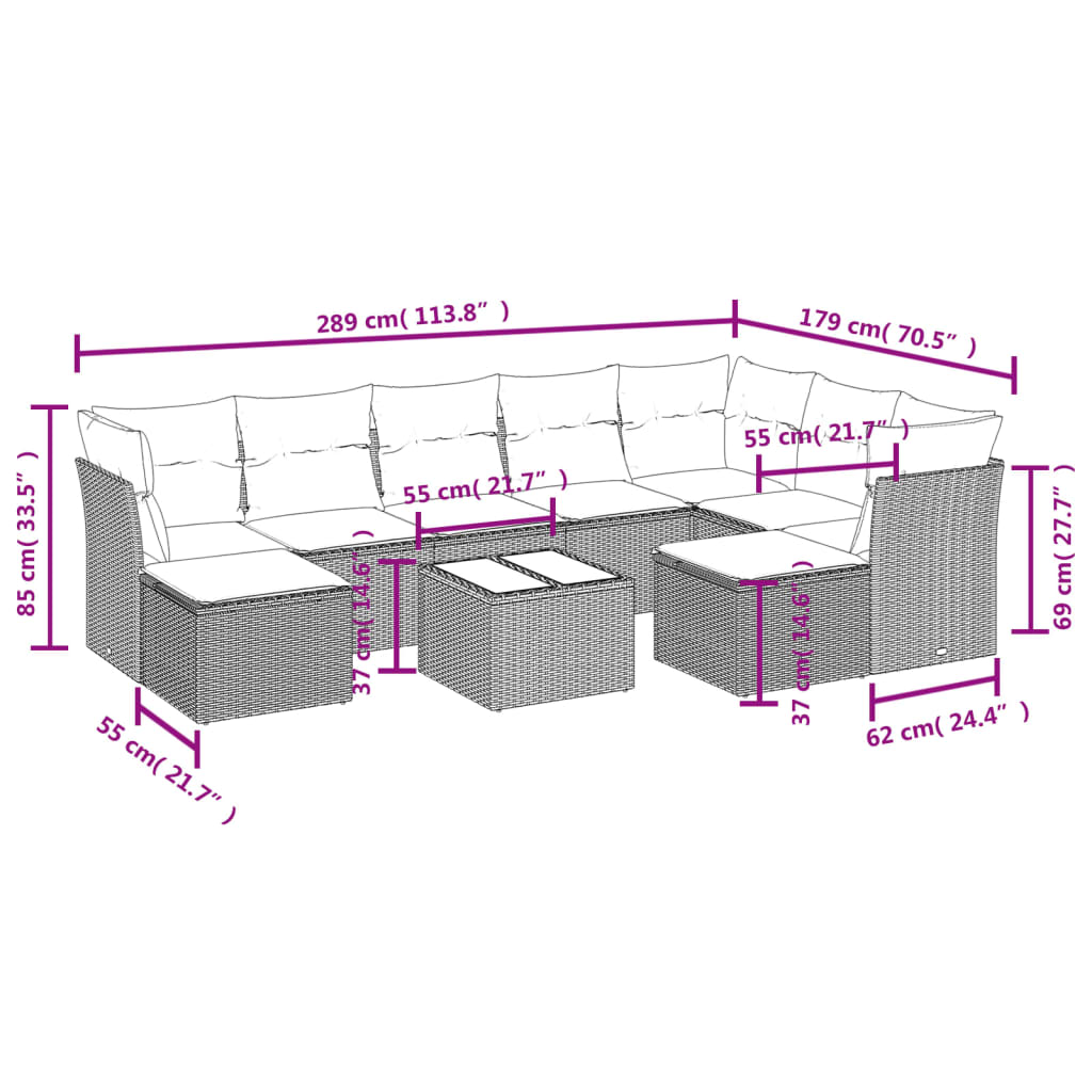 Set Divani da Giardino 10pz con Cuscini in Polyrattan Nero | homemem39