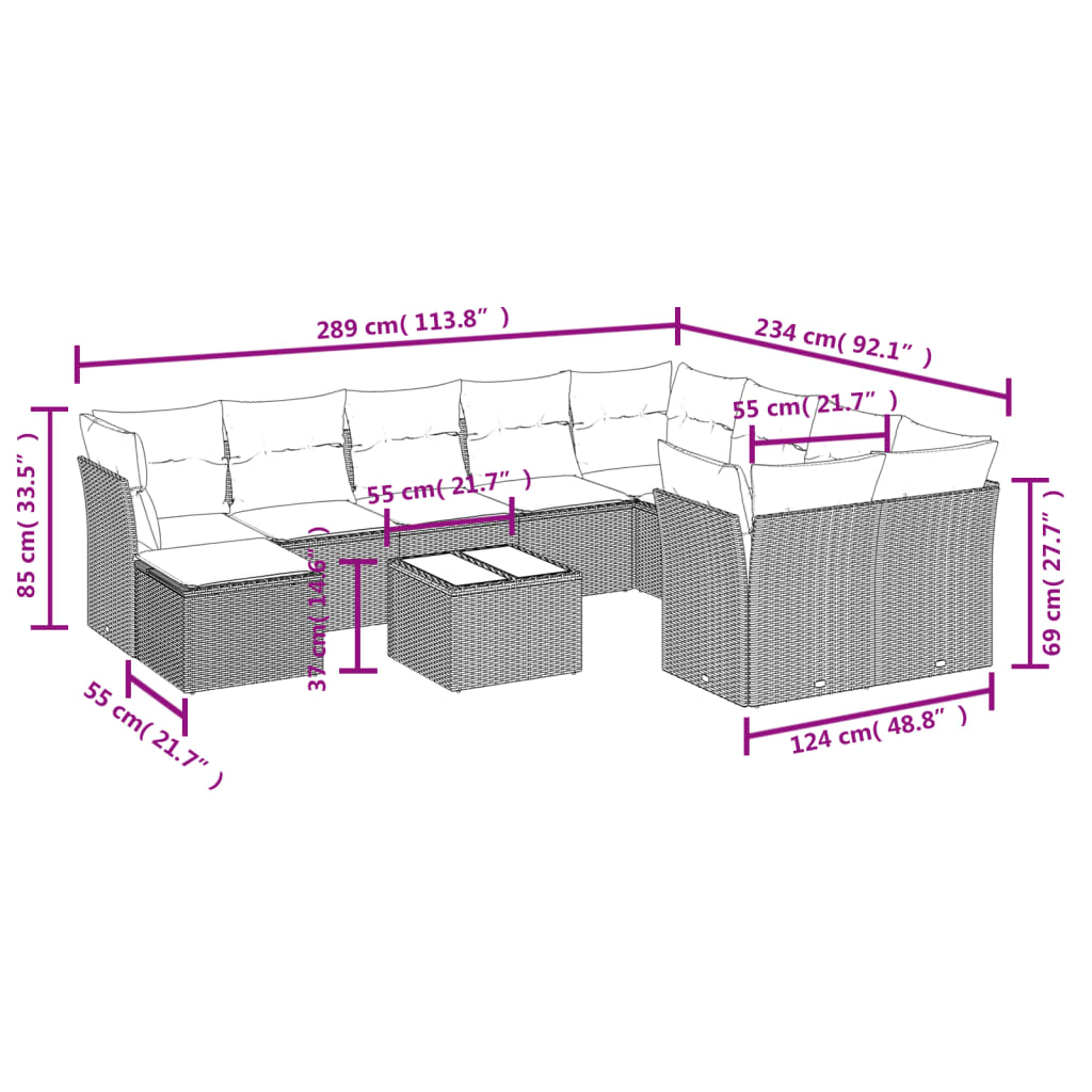 Set Divani da Giardino 11 pz con Cuscini in Polyrattan Grigio | homemem39