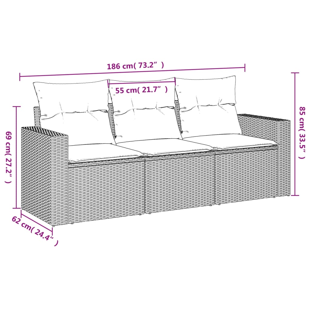 Set Divani da Giardino 3 pz con Cuscini in Polyrattan Nero | homemem39