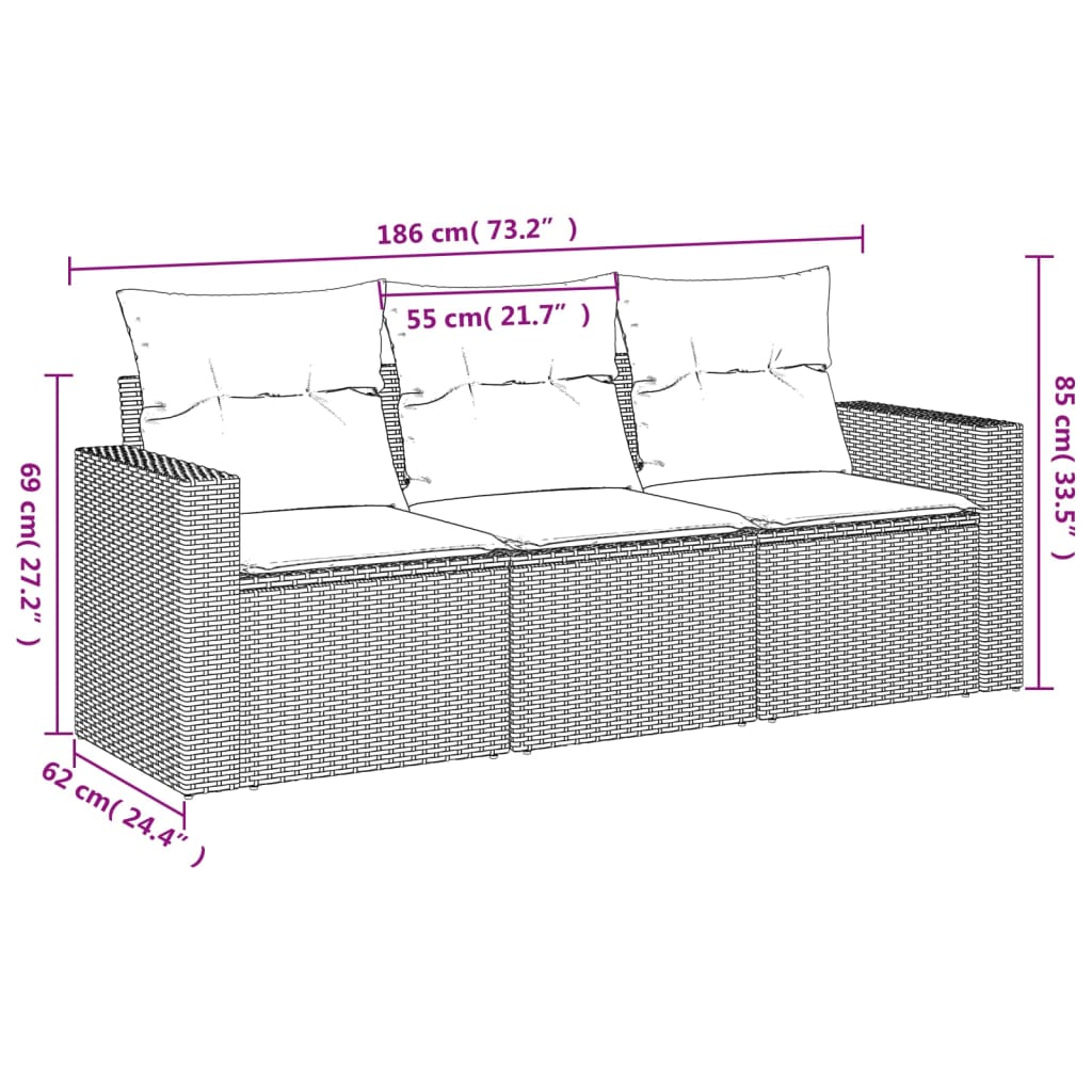 Set Divano da Giardino 3 pz con Cuscini Marrone in Polyrattan | homemem39