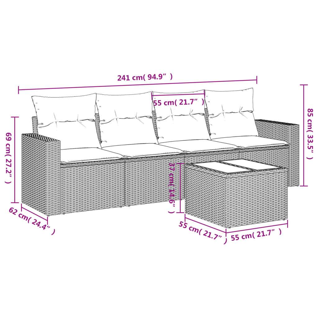 Set Divano da Giardino 5pz con Cuscini Grigio Chiaro Polyrattan