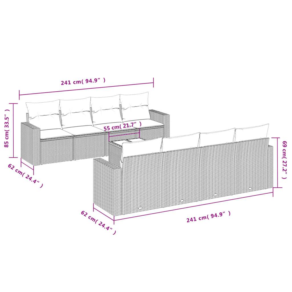 Set Divano da Giardino 9pz con Cuscini Grigio Chiaro Polyrattan | homemem39