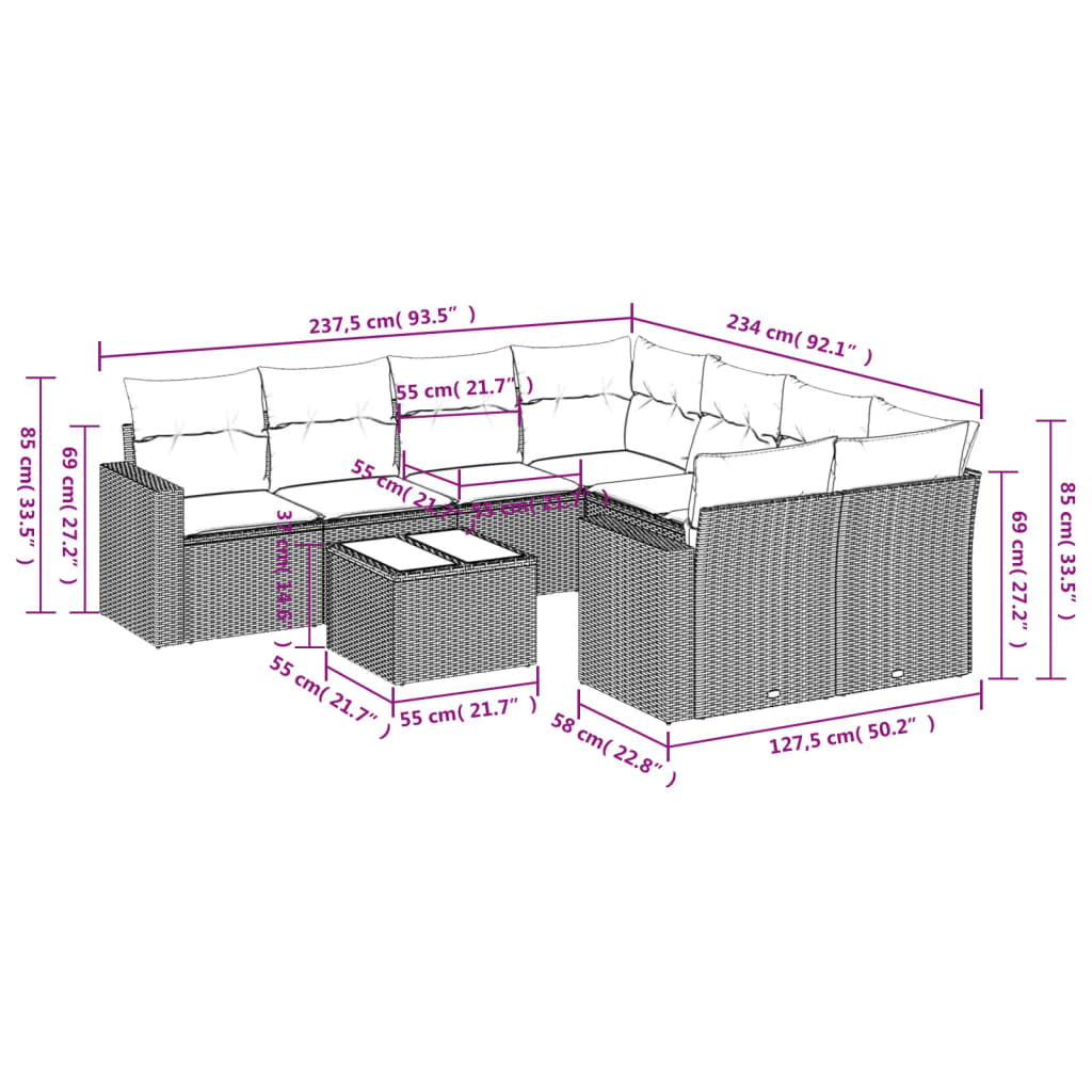 Set Divano da Giardino 9 pz con Cuscini Beige in Polyrattan | homemem39