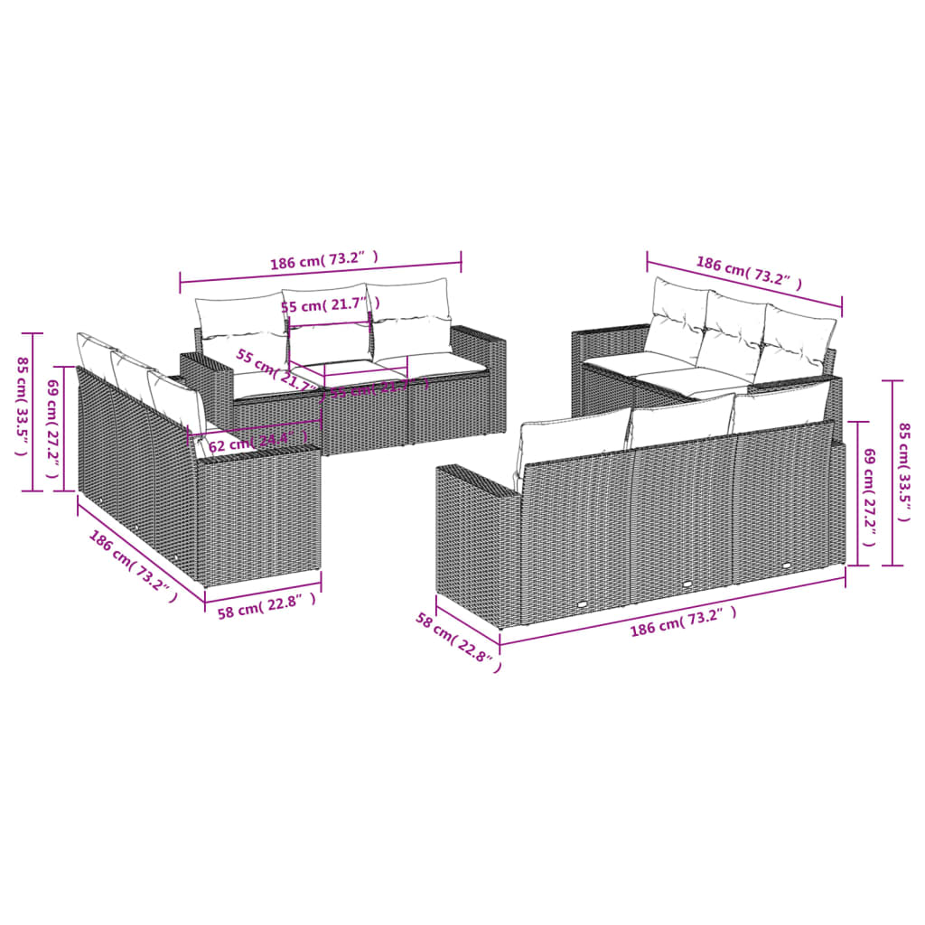 Set Divani da Giardino 12 pz con Cuscini Grigio in Polyrattan | homemem39
