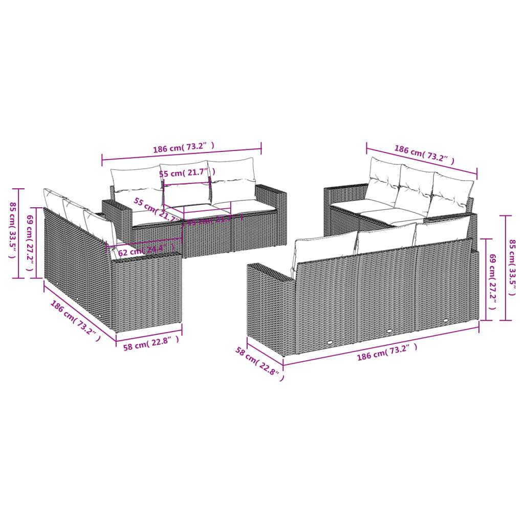 Set Divani da Giardino 12 pz con Cuscini Marrone in Polyrattan | homemem39