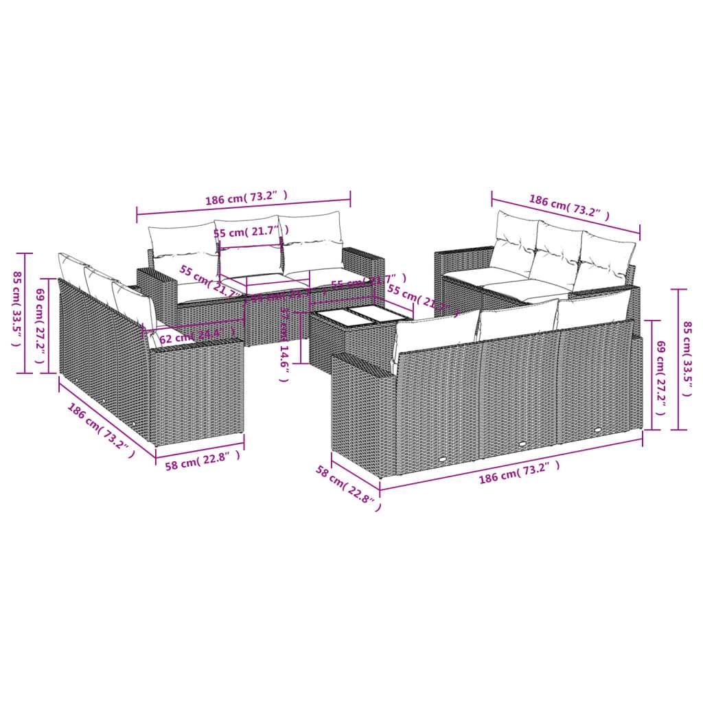 Set Divani da Giardino 13pz con Cuscini Nero in Polyrattan | homemem39
