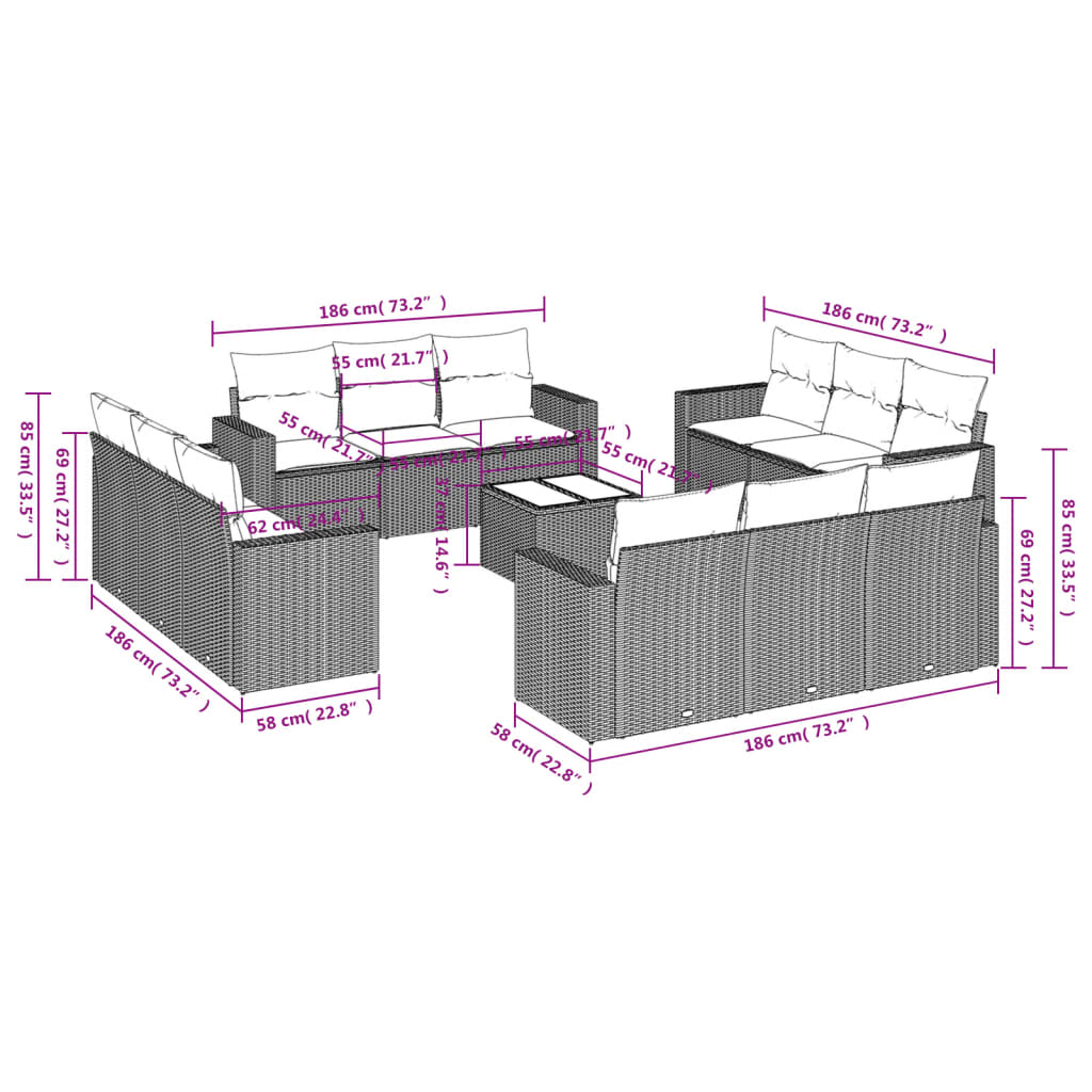 Set Divani Giardino 13 pz con Cuscini Grigio Chiaro Polyrattan | homemem39