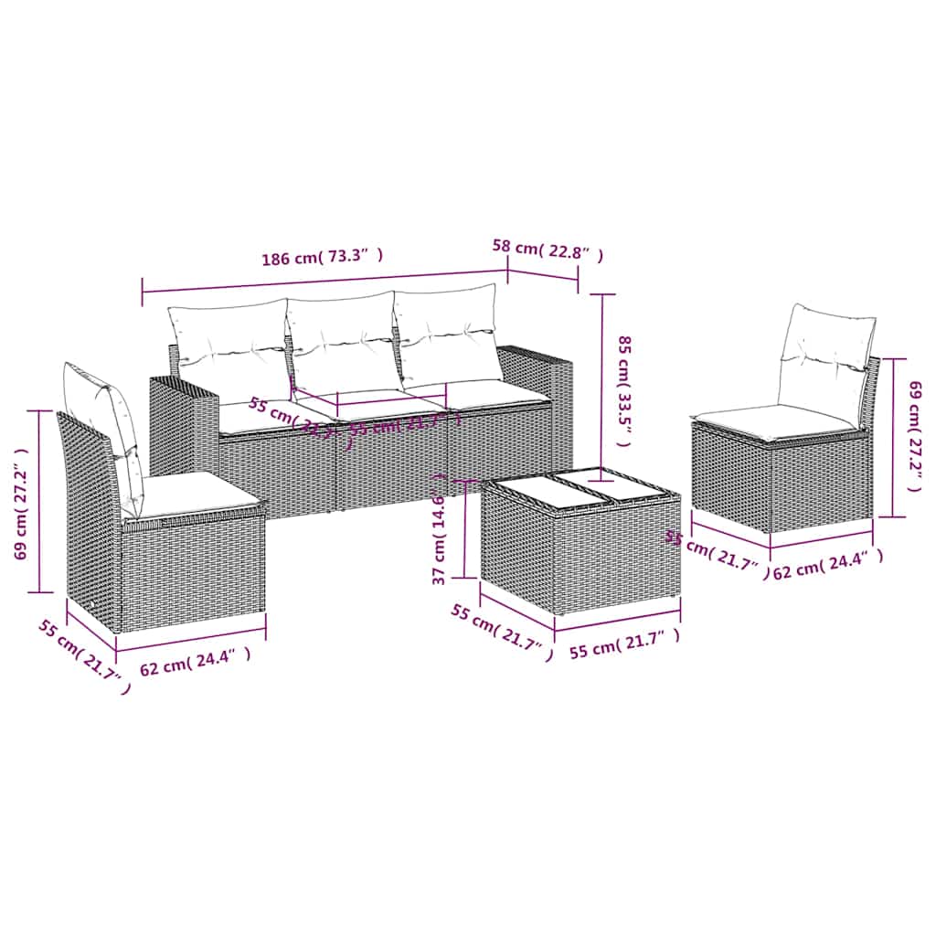 Set Divano da Giardino 6 pz con Cuscini Nero in Polyrattan | homemem39
