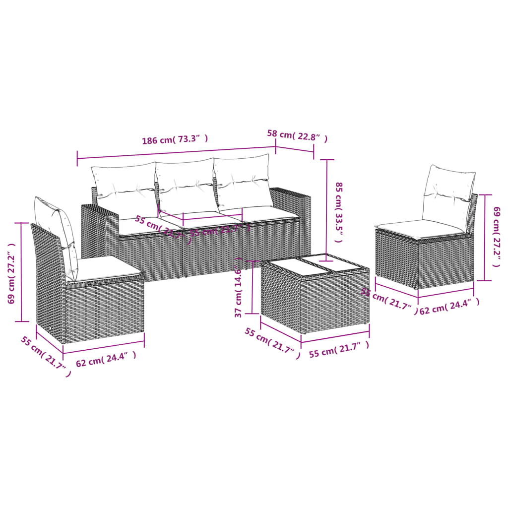Set Divano da Giardino 6 pz con Cuscini Beige in Polyrattan | homemem39