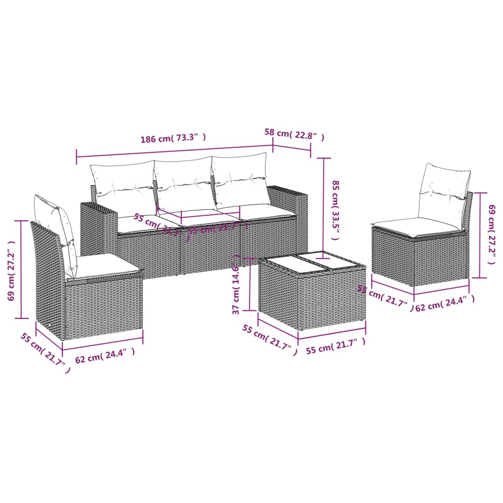 Set Divano da Giardino 6pz con Cuscini Grigio Chiaro Polyrattan | homemem39