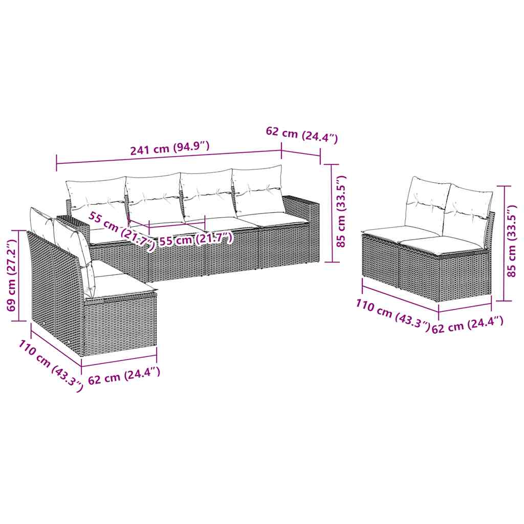 Set Divani da Giardino 8 pz con Cuscini Marrone in Polyrattan