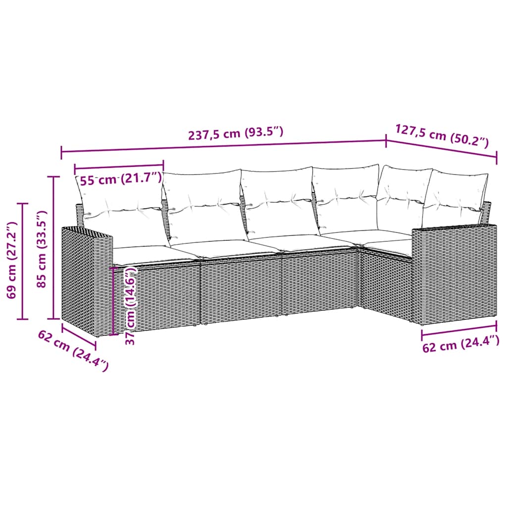 Set Divano da Giardino 5 pz con Cuscini Marrone in Polyrattan | homemem39