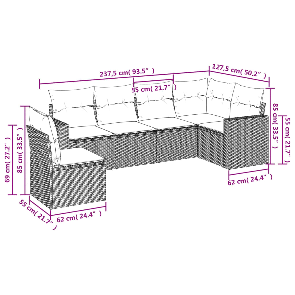 Set Divano da Giardino 6pz con Cuscini Grigio Chiaro Polyrattan | homemem39