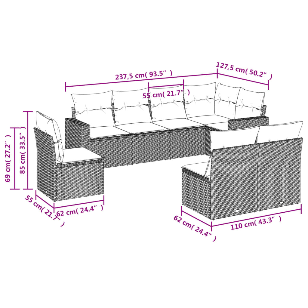 Set Divano da Giardino 8pz con Cuscini Grigio Chiaro Polyrattan | homemem39