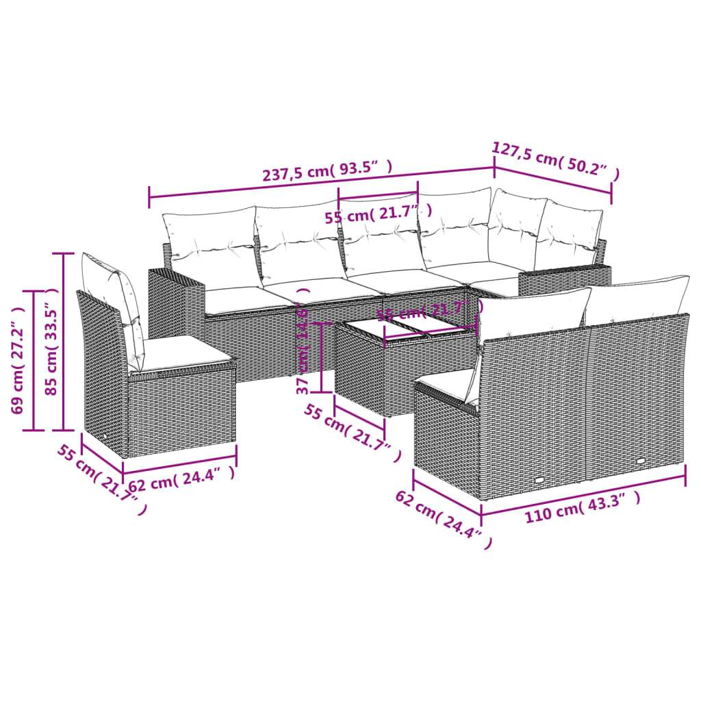 Set Divano da Giardino 9pz con Cuscini Grigio Chiaro Polyrattan | homemem39
