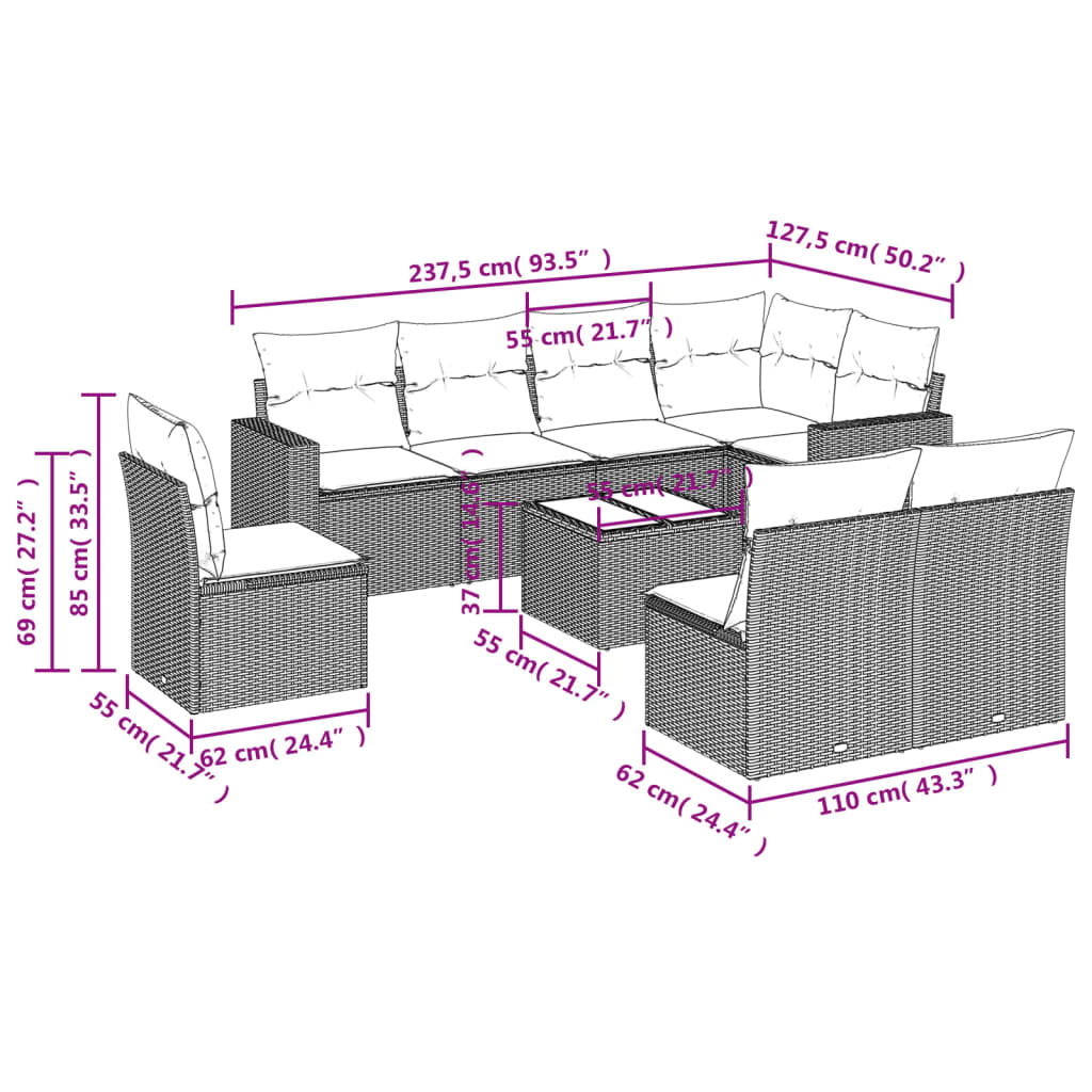 Set Divano da Giardino 9pz con Cuscini Grigio Chiaro Polyrattan