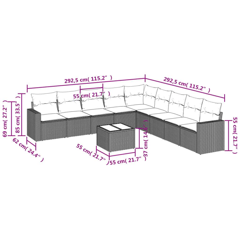 Set Divano Giardino 10 pz con Cuscini Grigio Chiaro Polyrattan | homemem39