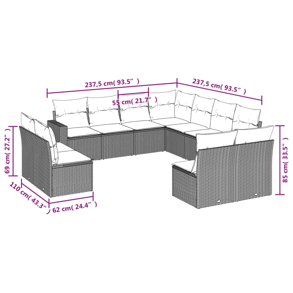 Set Divani da Giardino 11 pz con Cuscini in Polyrattan Nero | homemem39