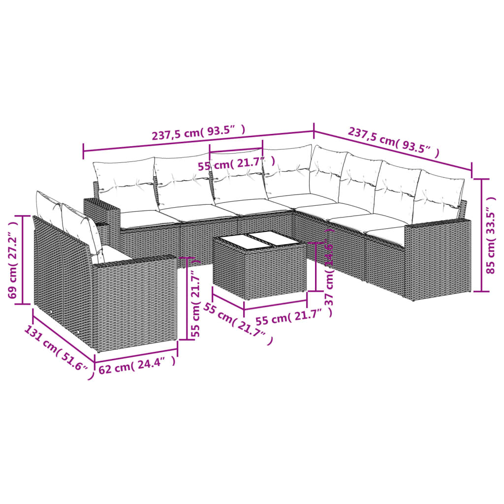 Set Divani da Giardino 10pz con Cuscini in Polyrattan Nero | homemem39