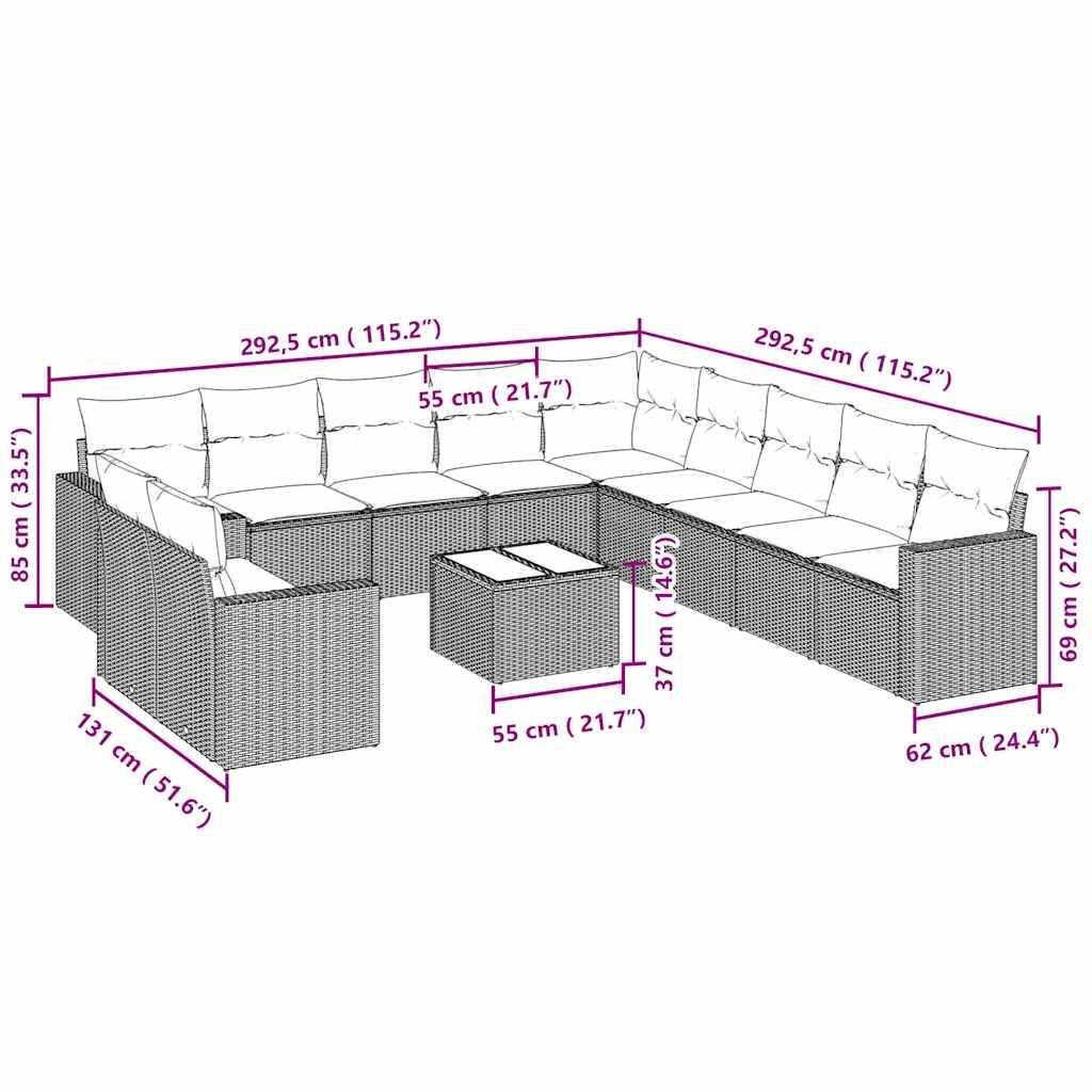 Set Divano Giardino 12 pz con Cuscini Grigio Chiaro Polyrattan | homemem39