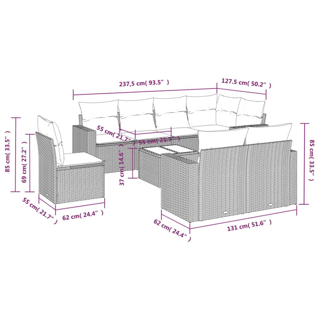 Set Divani da Giardino 9pz con Cuscini Marrone in Polyrattan | homemem39