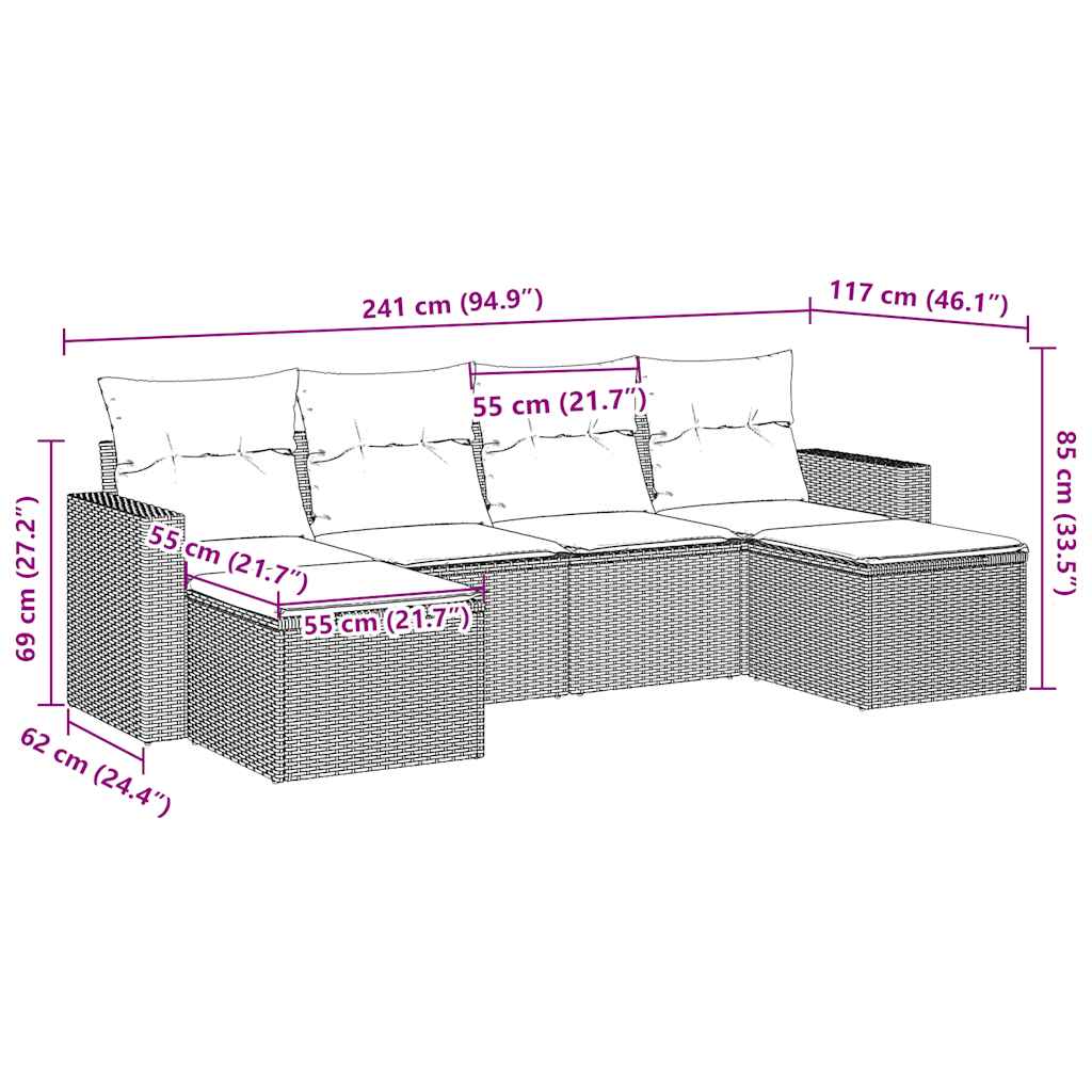 Set Divano da Giardino 6 pz con Cuscini Marrone in Polyrattan | homemem39