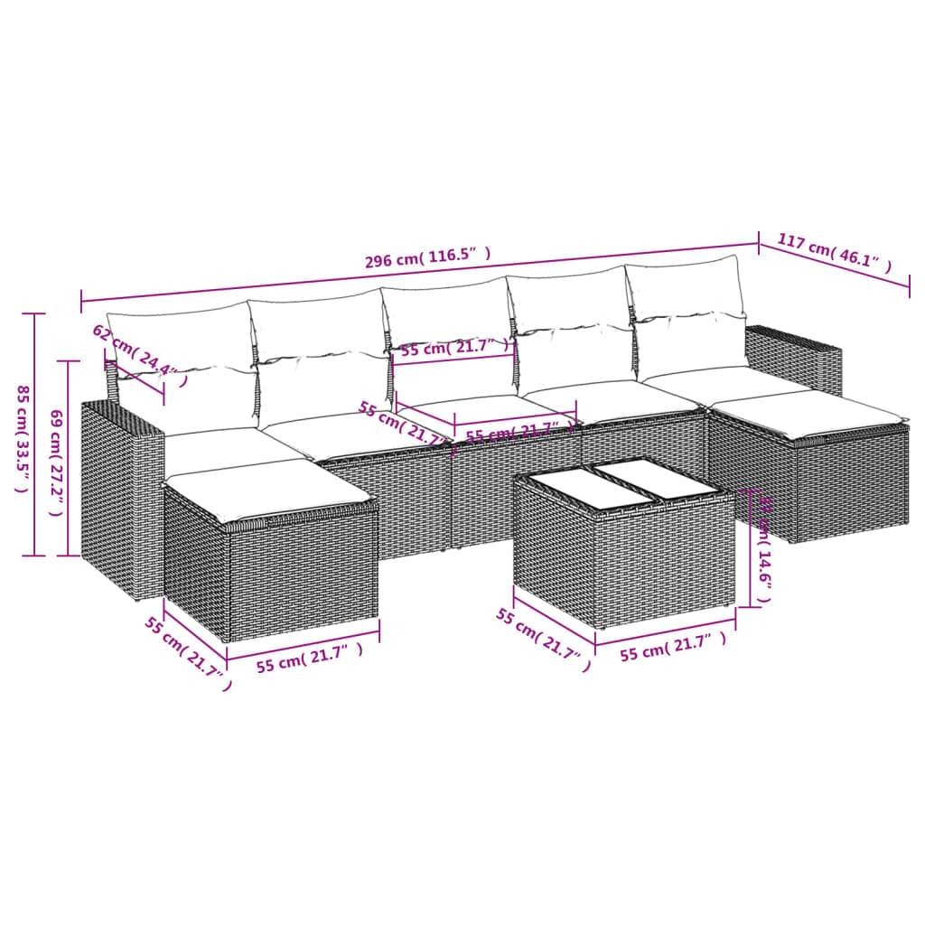 Set Divano da Giardino 8pz con Cuscini Grigio Chiaro Polyrattan