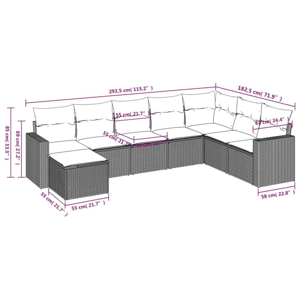 Set Divano da Giardino 8 pz con Cuscini Beige in Polyrattan | homemem39