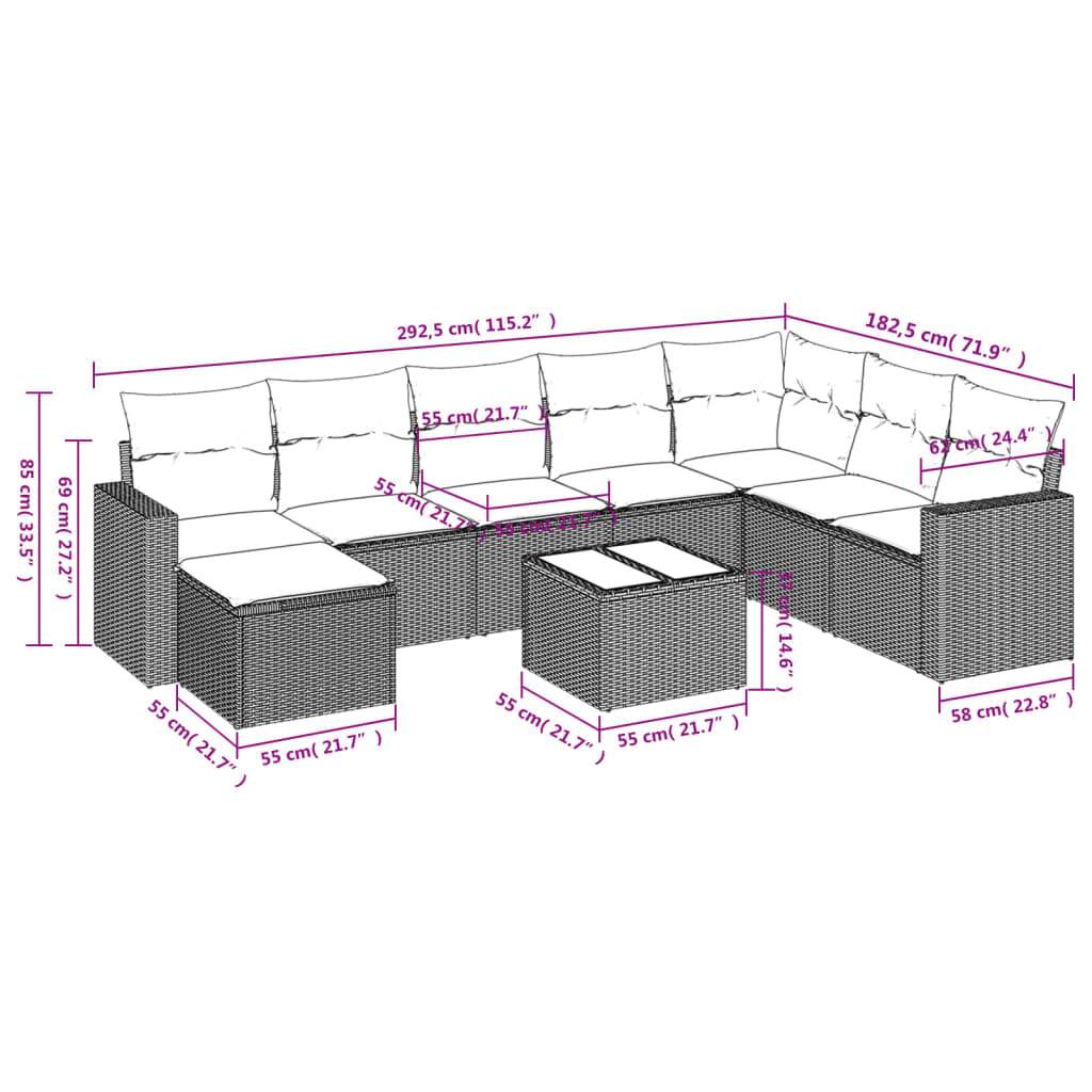 Set Divani da Giardino 9 pz con Cuscini Nero in Polyrattan | homemem39