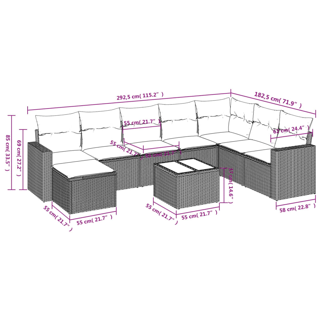 Set Divano da Giardino 9 pz con Cuscini Beige in Polyrattan | homemem39