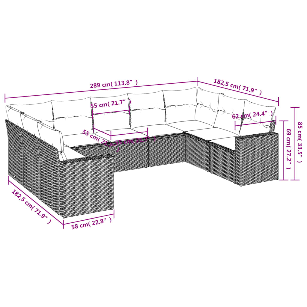 Set Divani da Giardino 9 pz con Cuscini Nero in Polyrattan | homemem39