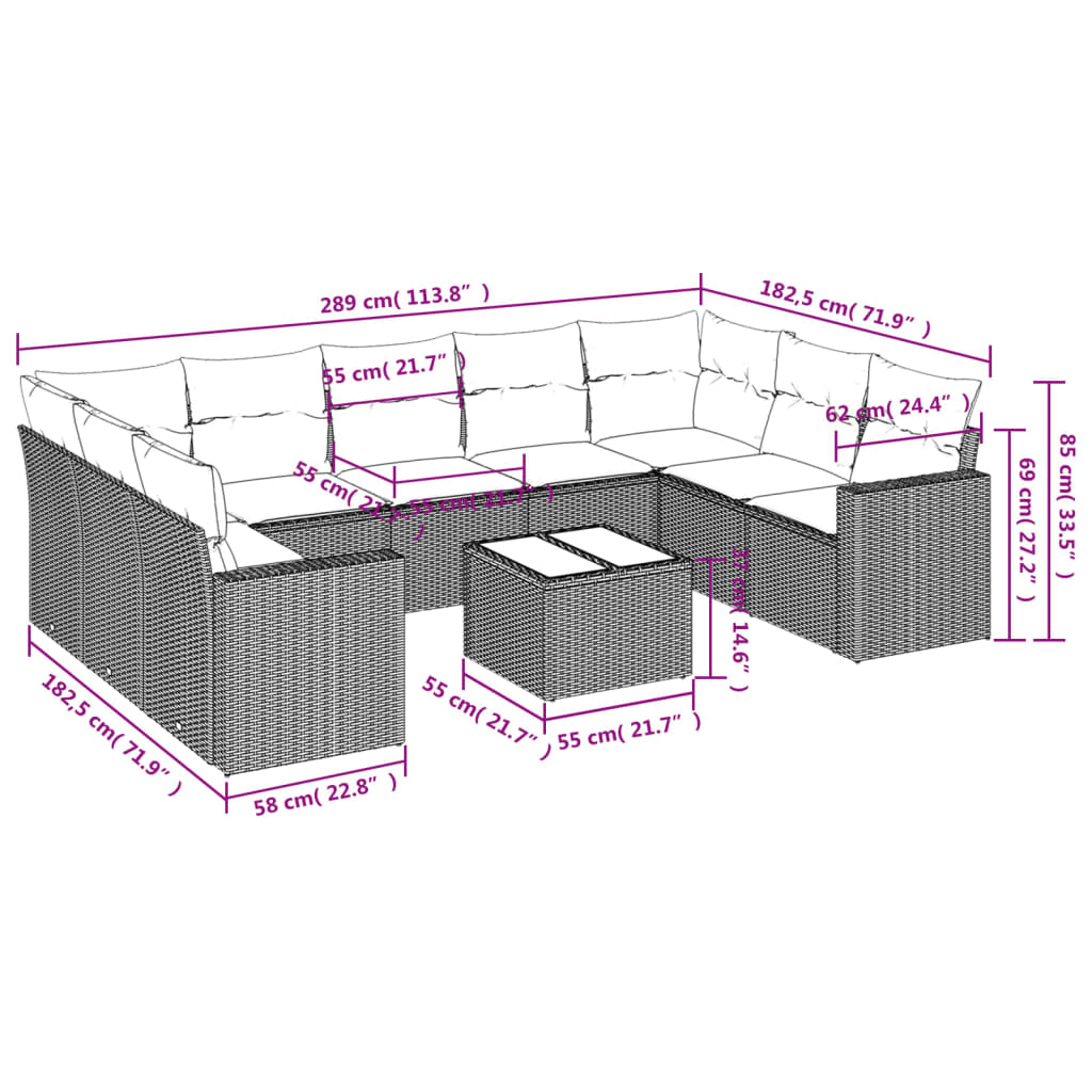 Set Divano da Giardino 10 pz con Cuscini Grigio in Polyrattan | homemem39
