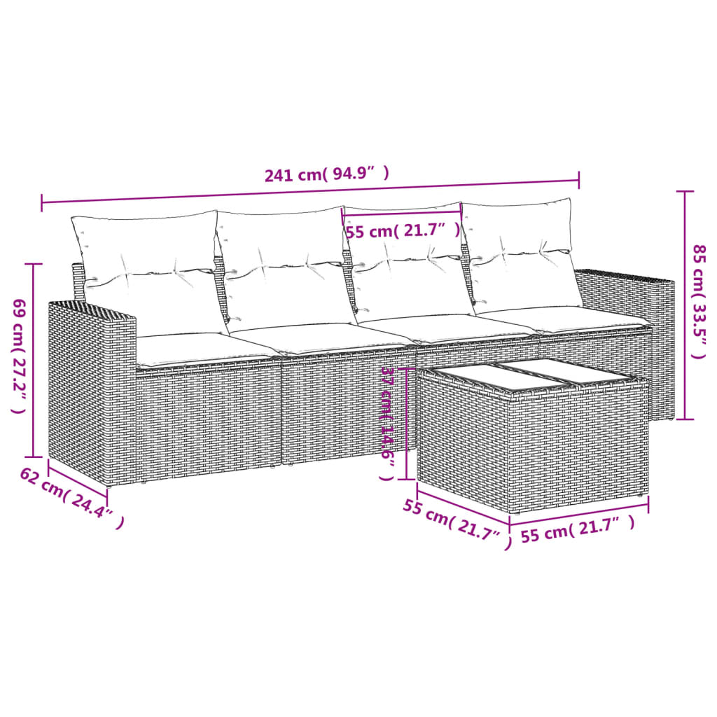 Set Divano da Giardino 5 pz con Cuscini Marrone in Polyrattan | homemem39