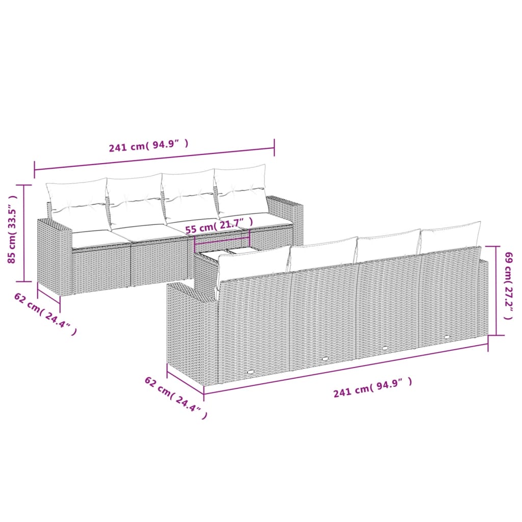 Set Divano da Giardino 9 pz con Cuscini Beige in Polyrattan | homemem39