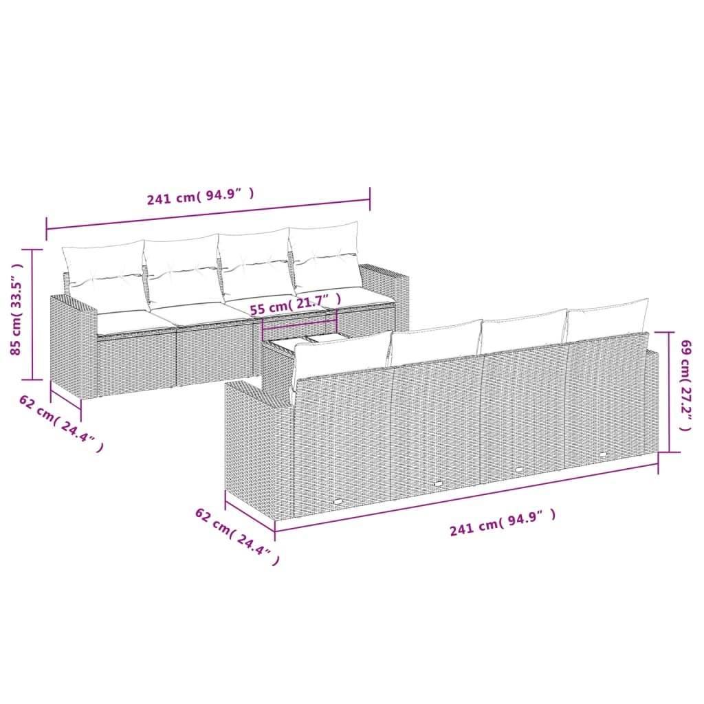 Set Divani da Giardino 9pz con Cuscini Marrone in Polyrattan | homemem39