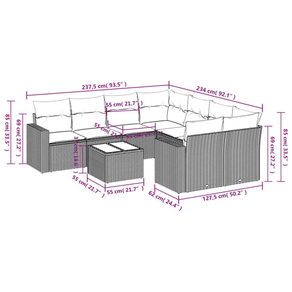 Set Divani da Giardino 9 pz con Cuscini Nero in Polyrattan | homemem39