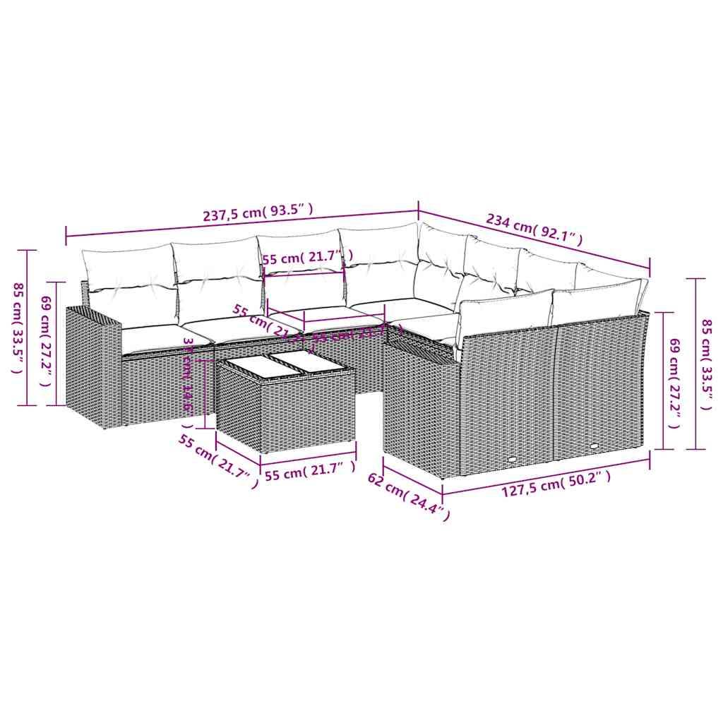 Set Divano da Giardino 9 pz con Cuscini Beige in Polyrattan | homemem39